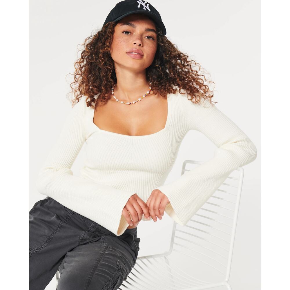 Hollister Square Neck Ribbed Top XS White Bell Sleeve Babydoll Y2K Minimalist
